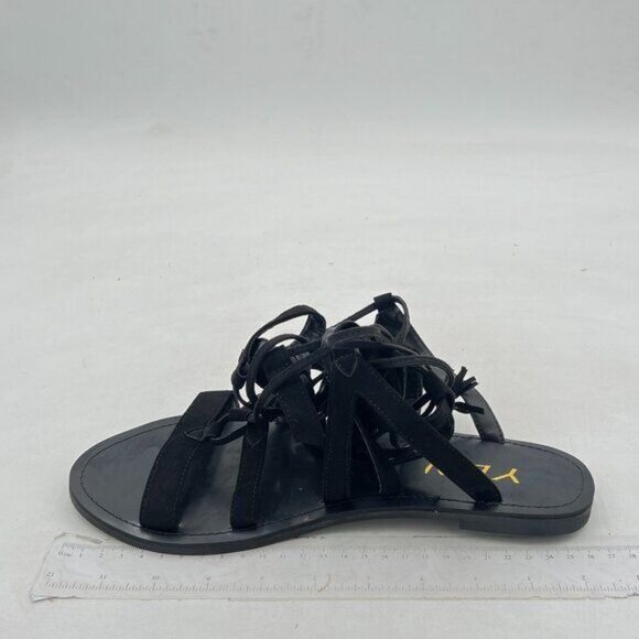 YDN Black Knee High Lace up Flats Fringe Low Heel Gladiator Strap Sandals Shoe - Picture 2 of 8